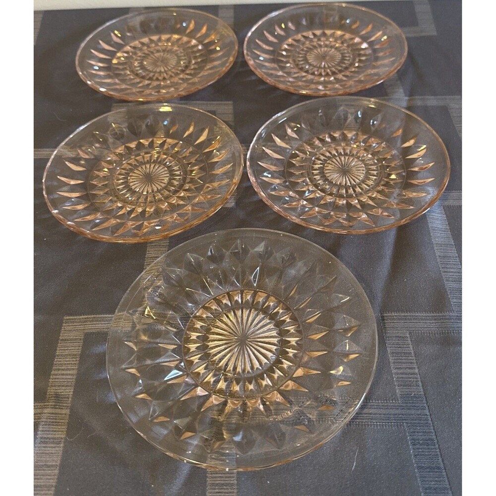 4 Windsor Diamond Pink 5.5" Teacup Saucers Jeannette Glass Depression 1 Plate 6”